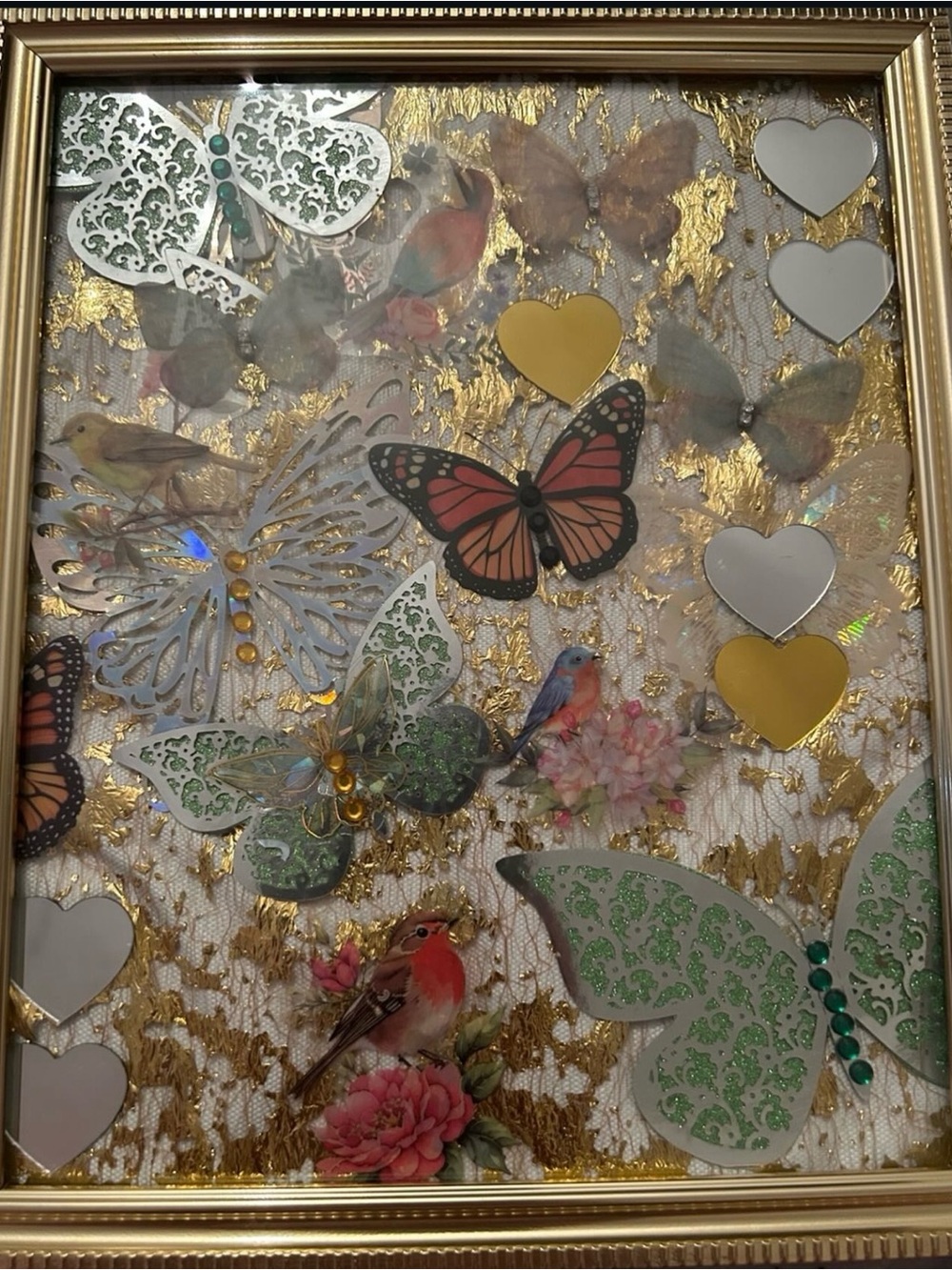 Gold Framed Butterfly & Bird Wall Art - Green and Gold